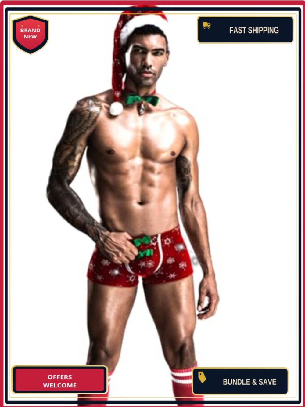 Sexy Christmas Lingerie Set 4Pc Santa Boxers Socks Hat Choker